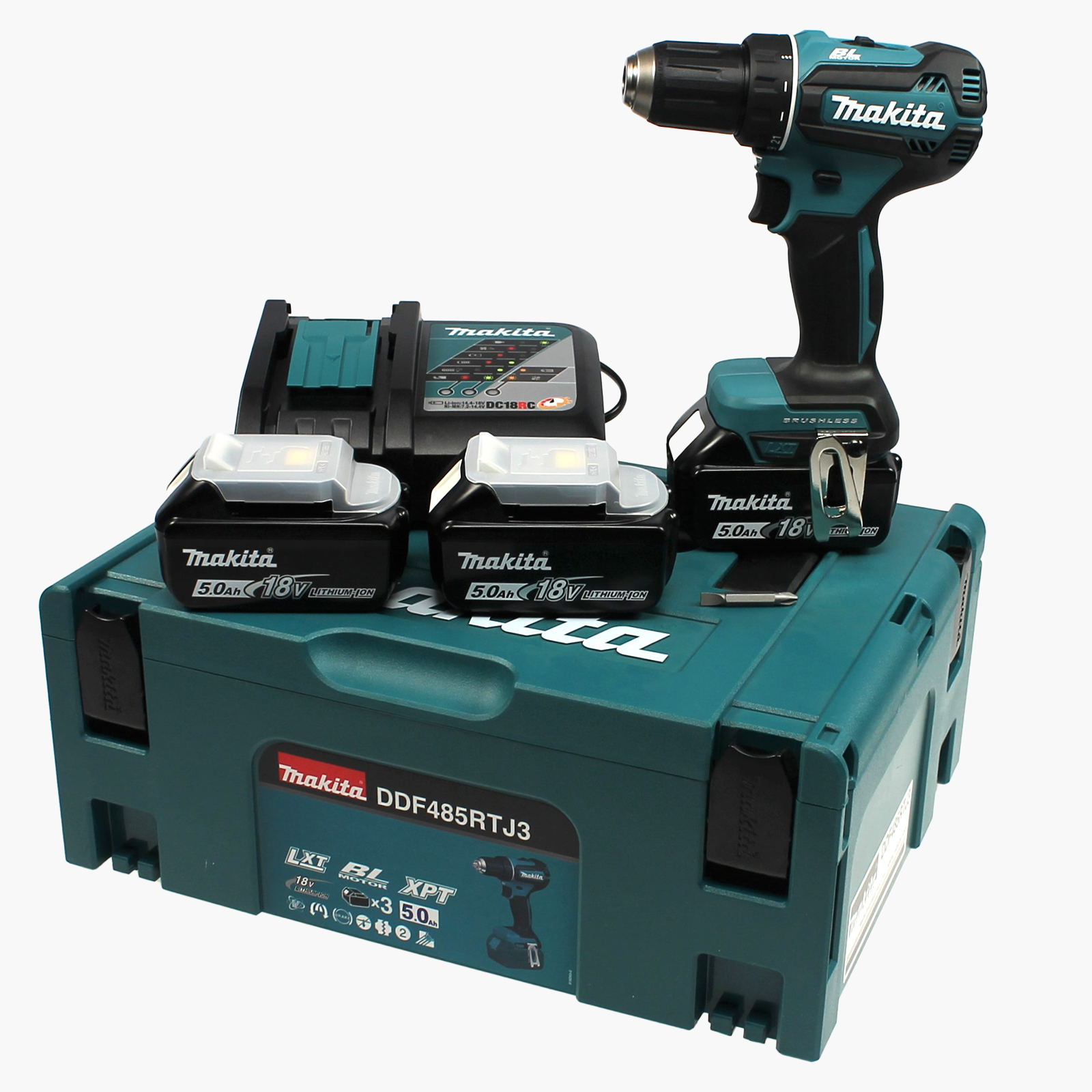 Makita Akku-Bohrschrauber 18V 3 Akkus/Ladeg./Makpac Komplettset