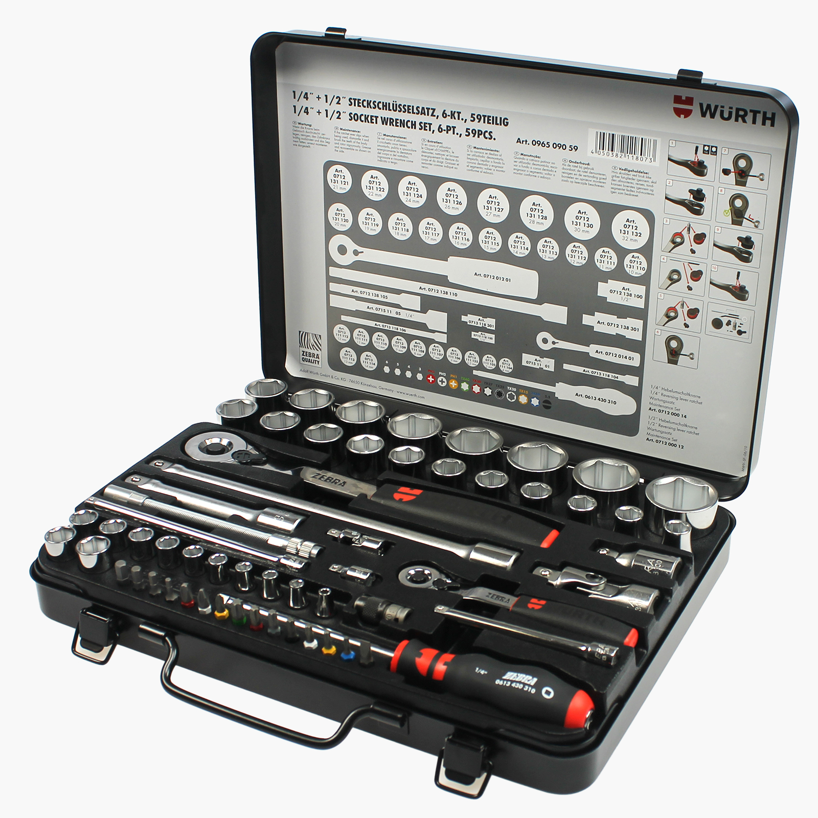 Würth Steckschlüsselsatz Zebra Knarrenkasten 59 tlg. 1/4 + 1/2 Zoll 096509059