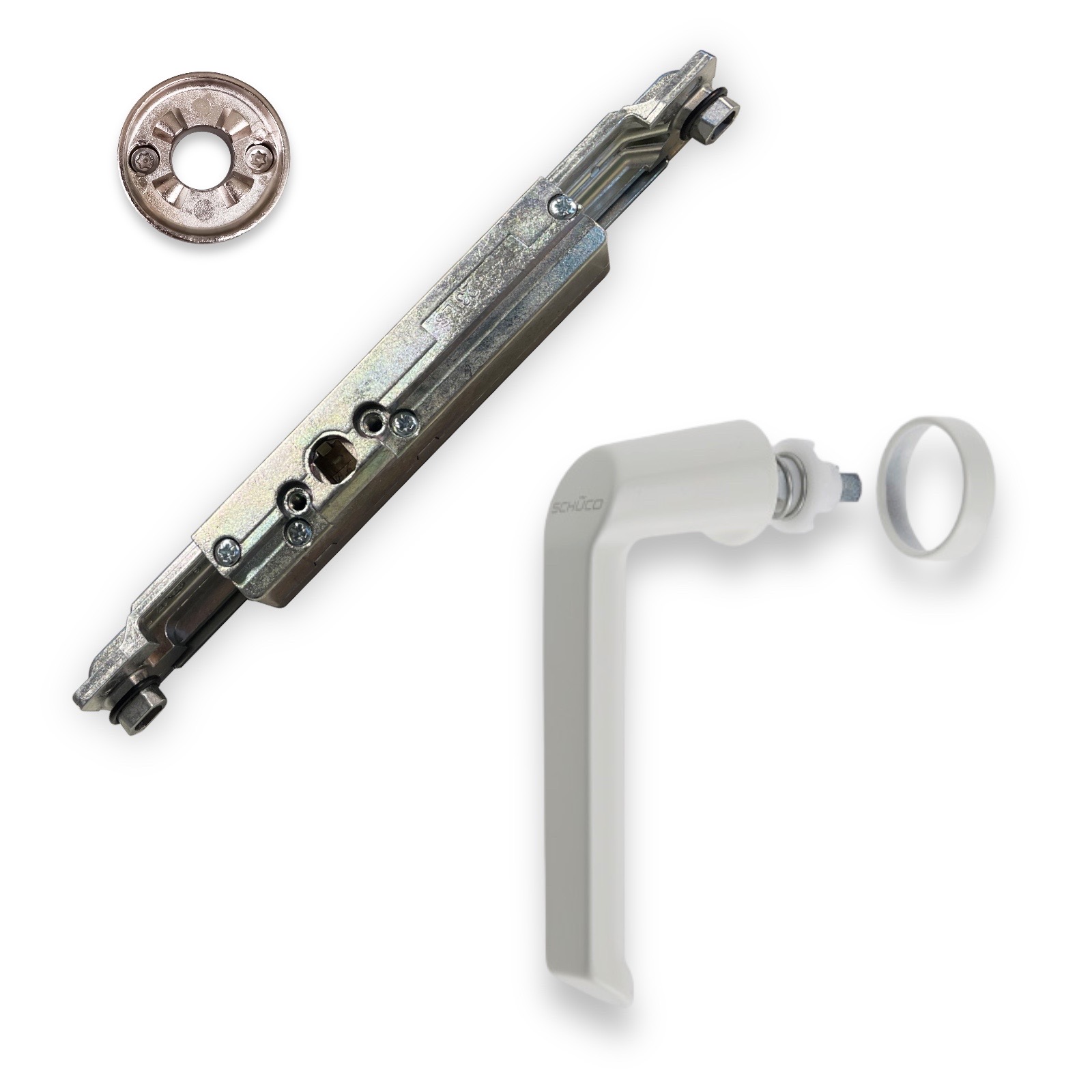 Schüco Reparaturset mit Getriebe, Griff und Rosette RAL9016 Aluminiumfenster (DIN Links)