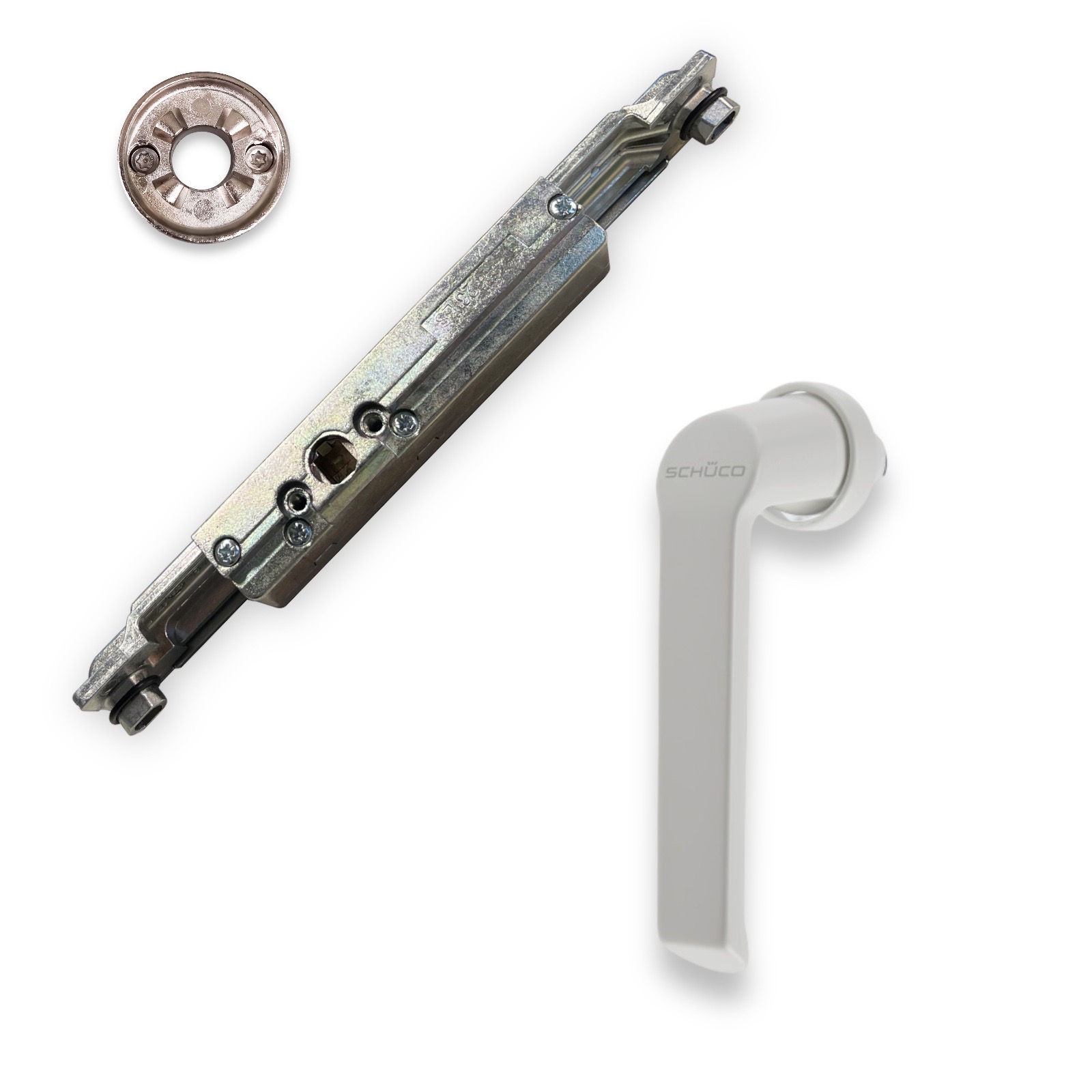 Schüco Reparaturset mit Getriebe, Griff und Rosette RAL9010 Aluminiumfenster (DIN Links)